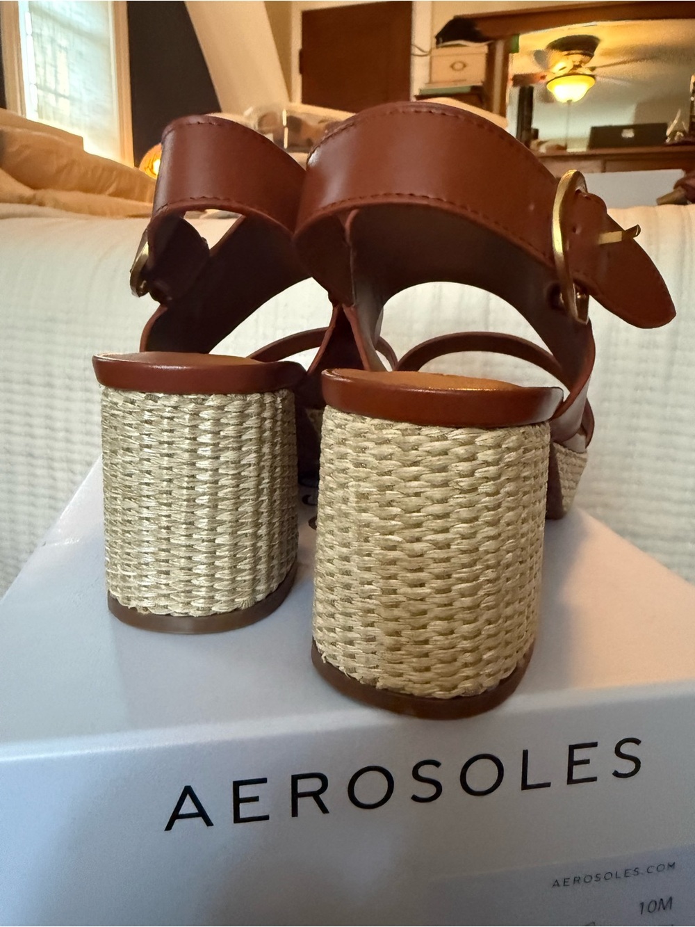 AEROSOLES Camera Gingerbread Brown Leather Woven Platform Sandals - Picture 6 of 7